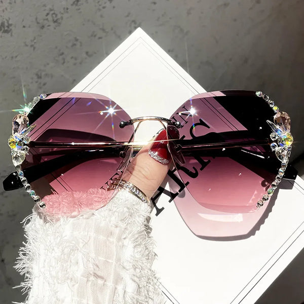 Vintage Rimless Rhinestone Sunglasses Women Men Fashion Gradient Lens Sun Glasses Shades for Female