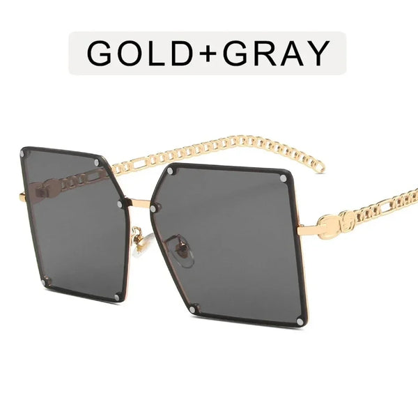 Novelty Fashion Oversize Gradient Sunglasses for Women Vintage Alloy Chain Frame Rivet Square Sun Glasses Female Elegant Shades