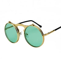 Vintage Steampunk Flip Up Men Sunglasses Women Retro Round Metal Frame Sun Glasses Hinge Design Curved Glasses Legs UV400