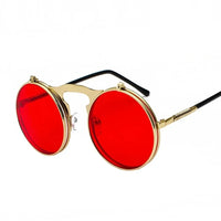 Vintage Steampunk Flip Up Men Sunglasses Women Retro Round Metal Frame Sun Glasses Hinge Design Curved Glasses Legs UV400