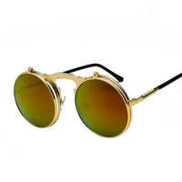 Vintage Steampunk Flip Up Men Sunglasses Women Retro Round Metal Frame Sun Glasses Hinge Design Curved Glasses Legs UV400