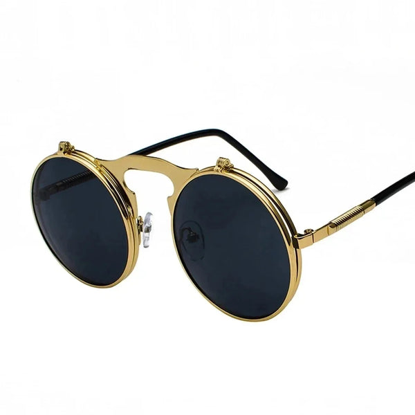 Vintage Steampunk Flip Up Men Sunglasses Women Retro Round Metal Frame Sun Glasses Hinge Design Curved Glasses Legs UV400