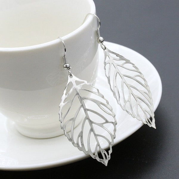 Hollow Metal Leaves Dangling Long Statement Drop Earrings for Women Bijoux