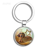 Dog Keychain Cute Dog Dachshund, German Hound Picture Glass Cabochon Double Side Keychain Accessories Handmade Gift