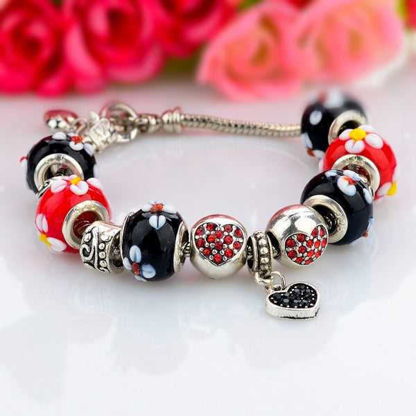 DIY Strand Bracelets for Women Silver Snake Chain Black Red Flower Beads Heart Bracelets Bangles