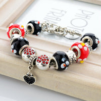 DIY Strand Bracelets for Women Silver Snake Chain Black Red Flower Beads Heart Bracelets Bangles