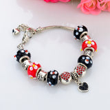 DIY Strand Bracelets for Women Silver Snake Chain Black Red Flower Beads Heart Bracelets Bangles