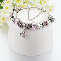 Pink Ball Charm Bracelets Women Silver Pink Crystal Beads Bracelets Bangles DIY Jewelry Bracelet