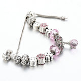 Pink Ball Charm Bracelets Women Silver Pink Crystal Beads Bracelets Bangles DIY Jewelry Bracelet