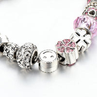 Pink Ball Charm Bracelets Women Silver Pink Crystal Beads Bracelets Bangles DIY Jewelry Bracelet