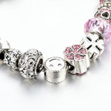 Pink Ball Charm Bracelets Women Silver Pink Crystal Beads Bracelets Bangles DIY Jewelry Bracelet