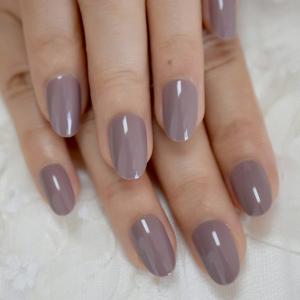 Pure Color Nails UV Polish Oval Faux Nails Light Taro Purple Glossy Nail Artificial Tips with Gluetabs 24pcs