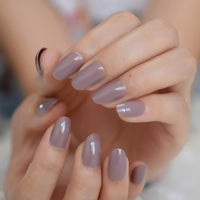 Pure Color Nails UV Polish Oval Faux Nails Light Taro Purple Glossy Nail Artificial Tips with Gluetabs 24pcs