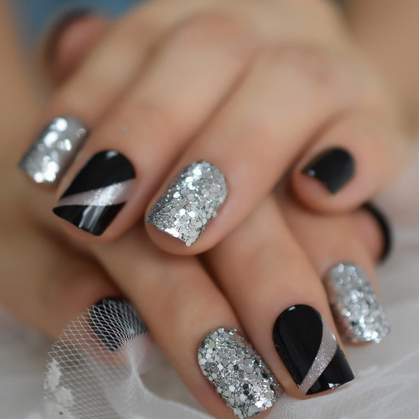 Rough Silver Glitter Faux Ongles Short Black Nails Fake Bling Lady Artificial Acrylic Nail Tips for Fingers