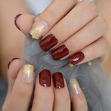 Cherry Red Glossy Fake Nails Clear Gold Glitter Medium Artificial Fingernails Gel Polish Painted Manicure Tips