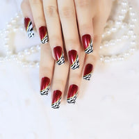 Cherry Red Glossy Fake Nails Clear Gold Glitter Medium Artificial Fingernails Gel Polish Painted Manicure Tips