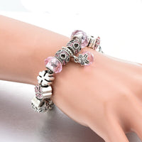 Pink Ball Charm Bracelets Women Silver Pink Crystal Beads Bracelets Bangles DIY Jewelry Bracelet