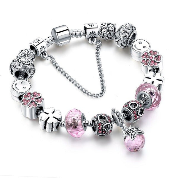 Pink Ball Charm Bracelets Women Silver Pink Crystal Beads Bracelets Bangles DIY Jewelry Bracelet