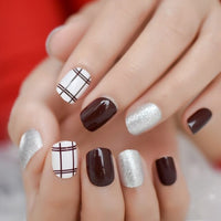 Multi-designed False Nails Straight Line ABS Artificial Nail Gleaming Silver Glitter Finger Nail Art Tips for Office Lady