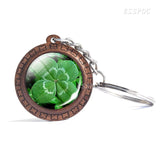 Wooden Keychain Four-leaf Clover Series Picture Glass Cabochon Wood Keychain Handmade Gift for Women