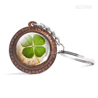 Wooden Keychain Four-leaf Clover Series Picture Glass Cabochon Wood Keychain Handmade Gift for Women