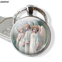 Virgin and Angels Glass Keychain Virgin Mary Glass Cabochon Pendant Angels Metal Key Chain Fashion Jewelry for Men Women Gift