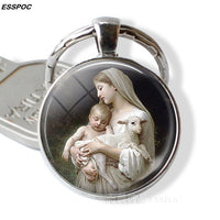 Virgin and Angels Glass Keychain Virgin Mary Glass Cabochon Pendant Angels Metal Key Chain Fashion Jewelry for Men Women Gift