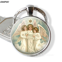 Virgin and Angels Glass Keychain Virgin Mary Glass Cabochon Pendant Angels Metal Key Chain Fashion Jewelry for Men Women Gift