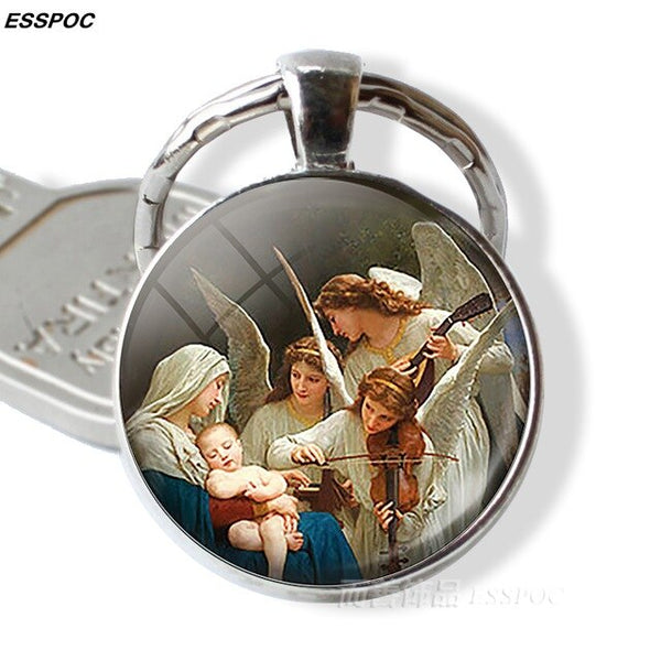 Virgin and Angels Glass Keychain Virgin Mary Glass Cabochon Pendant Angels Metal Key Chain Fashion Jewelry for Men Women Gift