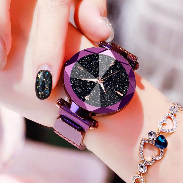 Women Starry Sky Watch Casual Mesh Magnet Buckle Ladies Clock Geometric Surface Roman Numeral Quartz Watches