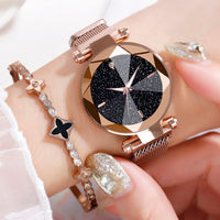 Women Starry Sky Watch Casual Mesh Magnet Buckle Ladies Clock Geometric Surface Roman Numeral Quartz Watches