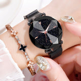 Women Starry Sky Watch Casual Mesh Magnet Buckle Ladies Clock Geometric Surface Roman Numeral Quartz Watches