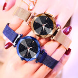 Women Starry Sky Watch Casual Mesh Magnet Buckle Ladies Clock Geometric Surface Roman Numeral Quartz Watches