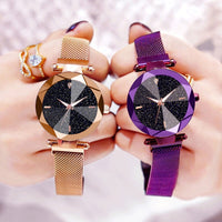 Women Starry Sky Watch Casual Mesh Magnet Buckle Ladies Clock Geometric Surface Roman Numeral Quartz Watches