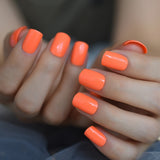 Neon Fake Nails Short for Daily Wear Square Natural Shape Glossy Gel Nails Orange Pink Simple Tips with Adhesive