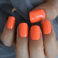 Neon Fake Nails Short for Daily Wear Square Natural Shape Glossy Gel Nails Orange Pink Simple Tips with Adhesive