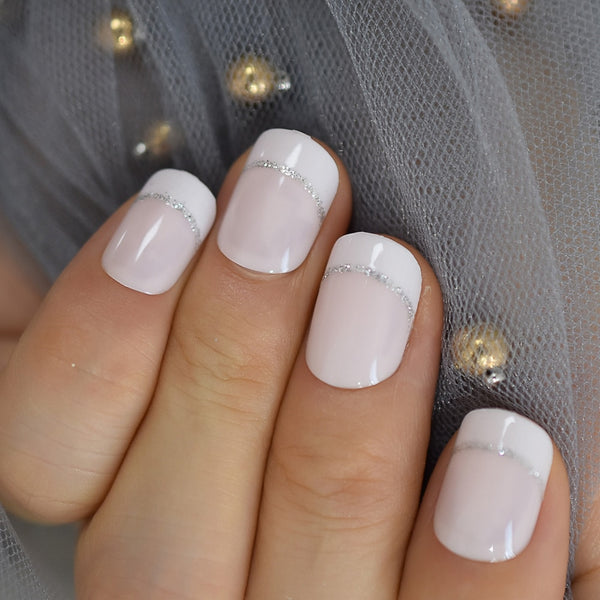 Short French Tip White Tips Beige Nude Round Faux Ongles Silver Line Designed Smile Line French Nails Colors for Choose