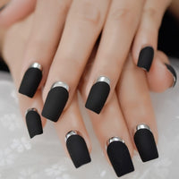 Double Line Natural French Fake Nails Short Medium Black Square Beige Acrylic Nail Tips with Gluetabs 24 Count