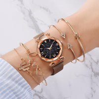 Rose Gold Starry Sky Dial Watches Women Ladies Crystal Quartz Wrist Watch Set