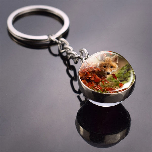 Fox Keychain Lovely Fox Picture Glass Ball Keychain Double Side Cabochon Glass Metal Keyring Christmas Gift for Men for Women