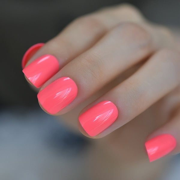 Neon Short Nails Summer Color Fake Nails Deep Pink Ladies Bright Color Designed ABS Material Fingernails with Adhesive Tabs