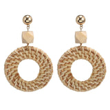 Handmade Geometric Wooden Big Hollow Out Square Rattan Straw Weave Drop Earrings for Women