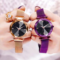 Watch Women Starry Sky Design Quartz Watches for Women Mesh Magnet Casual Watches Ladies Clock