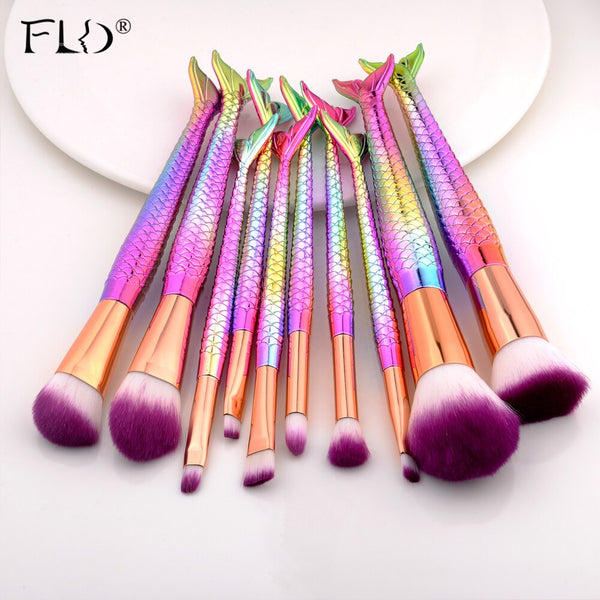 10Pcs Makeup Brushes Set Cosmetic Tools Kits Concealer Fish Tail Foundation Eyebrow Eyeliner Brush