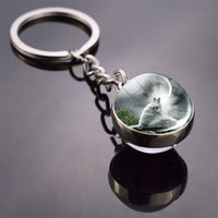 White Wolf Keychain Wolf Head Glass Ball Key Chain Double Side Cabochon Glass Pendant Keyring Animal Keychain