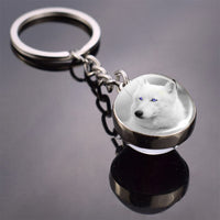 White Wolf Keychain Wolf Head Glass Ball Key Chain Double Side Cabochon Glass Pendant Keyring Animal Keychain