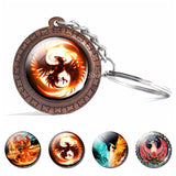 Ice and Fire Phoenix Keychain Phoenix Photo Glass Cabochon Wooden Keyring Bag Pendant Keys Holder Handmade Gift