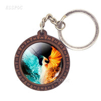 Ice and Fire Phoenix Keychain Phoenix Photo Glass Cabochon Wooden Keyring Bag Pendant Keys Holder Handmade Gift