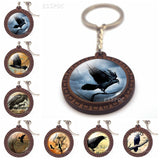 Edgar Allan Poe Raven Glass Cabochon Keychain Goth Raven Wooden Keys Pendant Accessories for Men Women Halloween Gift