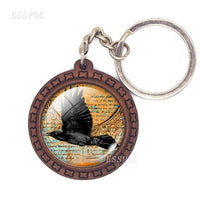 Edgar Allan Poe Raven Glass Cabochon Keychain Goth Raven Wooden Keys Pendant Accessories for Men Women Halloween Gift